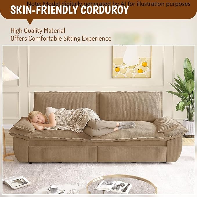 73.2" Sleeper Sofa Bed Queen, 3-in-1 Convertible Couch, Modern Pull Out Couches, Comfy Corduroy Futon Sofa, Cloud Loveseat Lounge, Pillow Arm for Small Spaces, Apartment, Living Room, Camel