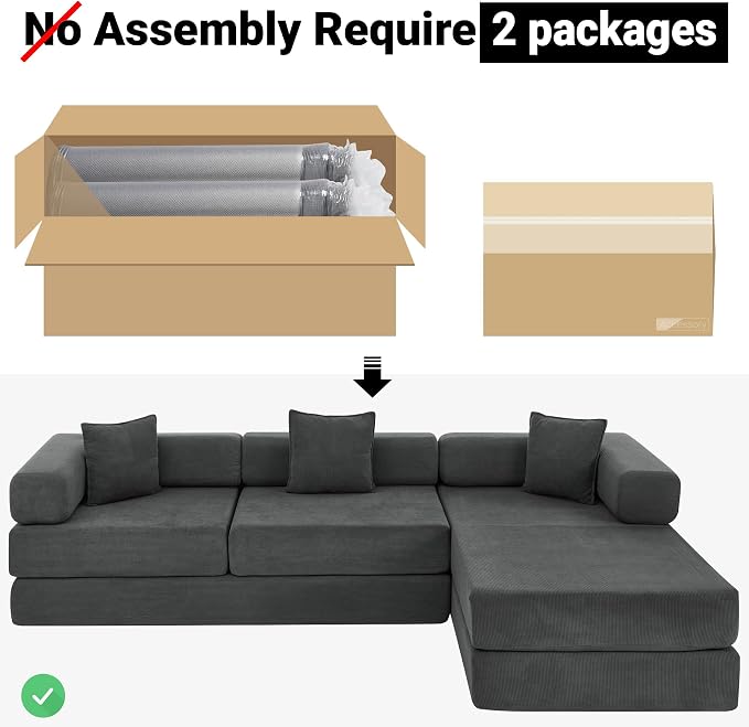 ivoros 108" Oversized Convertible Sleeper Sofa Bed, Corduroy L Shape Sectional Couch, Folding Sofa Bed with Fixed-Shape Frame, Modern Cloud Floor Mattress Couch, Modular Sofa for Living Room,Grey
