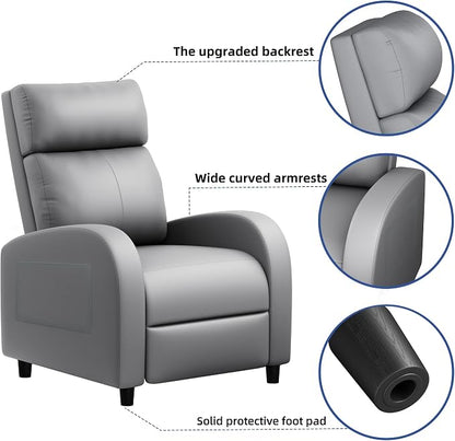 JUMMICO Recliner Chair Adjustable Home Theater Single Recliner Sofa Furniture with Thick Seat Cushion and Backrest Modern Living Room Recliners (Leather, Grey)