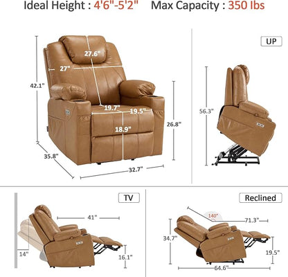 MCombo Power Lift Recliner Chair for Elderly, Lift Chair with Heat and Massage, FSC Certified, USB Ports, Cup Holders, Faux Leather 7141 (Tawny, Small)