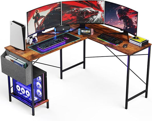 L Shaped Desk - 50" Reversible Home Office Computer Desk, Wood Top, Metal Frame, Side Bag, Sturdy Gaming Desk Corner Table for Work, Writing and Study, Space-Saving