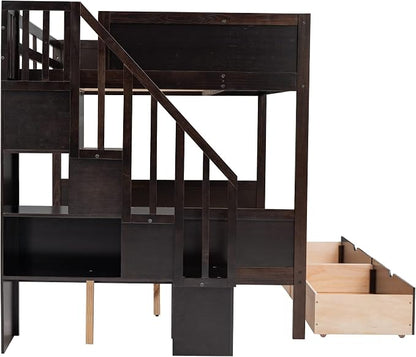 MERITLINE Twin Over Full Bunk Bed with Stairs, Storage Shelves and Drawers, Solid Wood Bunk Bed Frame with Storage, for Teens Adults (Espresso)