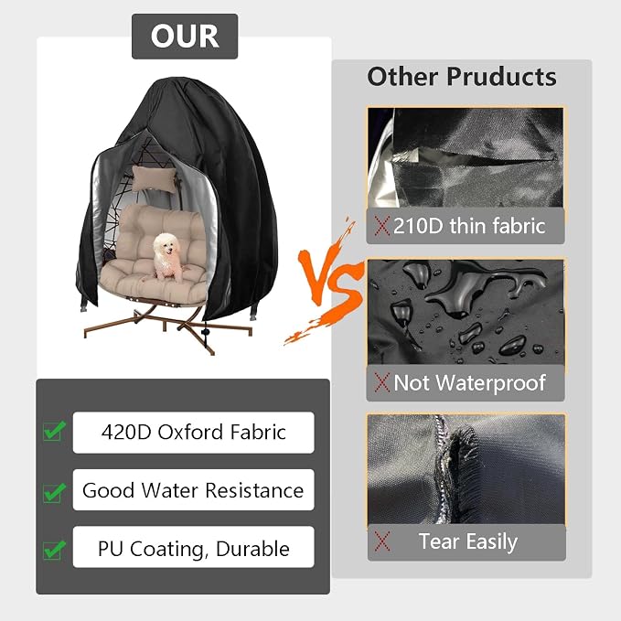 【Upgraded】Patio Egg Chair Covers with Zipper, 91 x 80 Large Wicker Egg Swing Chair Covers, Waterproof Heavy Duty Weather Resisatnt Outdoor Chair Cover, Windproof Hanging Chair Cover, Black, 1 Pack