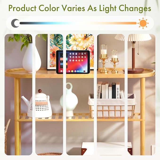 Narrow Console Table Bamboo 39.4", Modern Entryway Table for Hallway Oval Top, Sofa Console Table with Anti-Fall Edge, TV Stand for Living Room, Indoor Outdoor Plant Stand, 5min Easy Assembly
