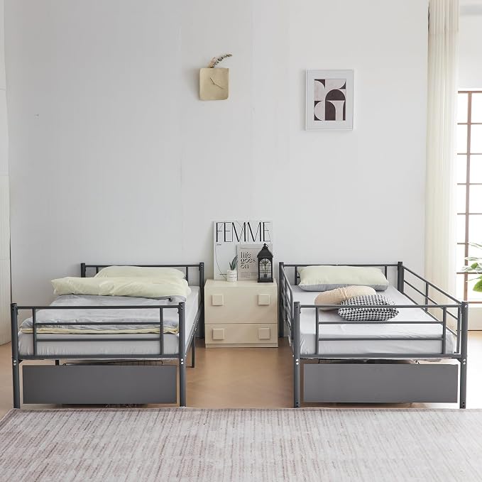 Karl home Grey Bunk Bed Twin Over Twin with 2 Storage Drawers, Metal Bunk Bed with Built-in Ladder and Safety Guardrail, Space-Saving Twin Bunk Beds for Kids, Teens & Adults, No Box Spring Needed