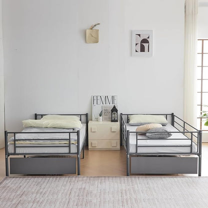 Karl home Grey Bunk Bed Twin Over Twin with 2 Storage Drawers, Metal Bunk Bed with Built-in Ladder and Safety Guardrail, Space-Saving Twin Bunk Beds for Kids, Teens & Adults, No Box Spring Needed
