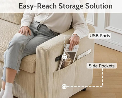 WEUP 106" U Shaped Sectional Sleeper Sofa Bed with Pull Out Bed, Sectional Sleeper Couch Pull Out Couch with Reclining Backrest/Reversible Storage Chaise/USB Ports/Tool-Free Assembly, Corduroy Beige