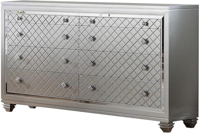 First of a Kind Shiney Contemporary 4 Piece King Bedroom Set High Gloss Silver Finish with Upholstered Headboard, Sleek Modern Bedroom Furniture Set for Coordinated Interiors