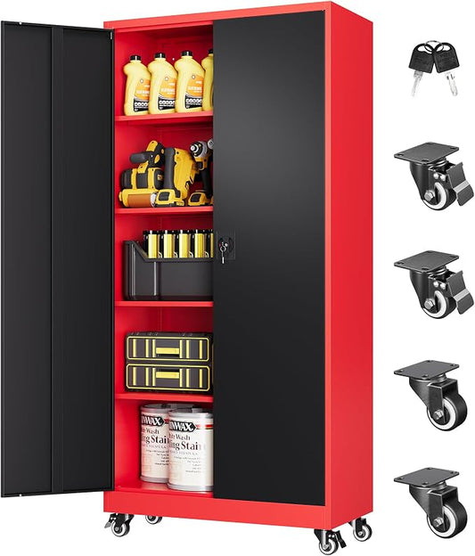 Metal Storage Cabinet with Wheels, Tall Garage Storage Cabinet with 4 Adjustable Shelves and 2 Doors, Lockable Tool Cabinet for Garage Home Office,Gym,School(Black-Red)
