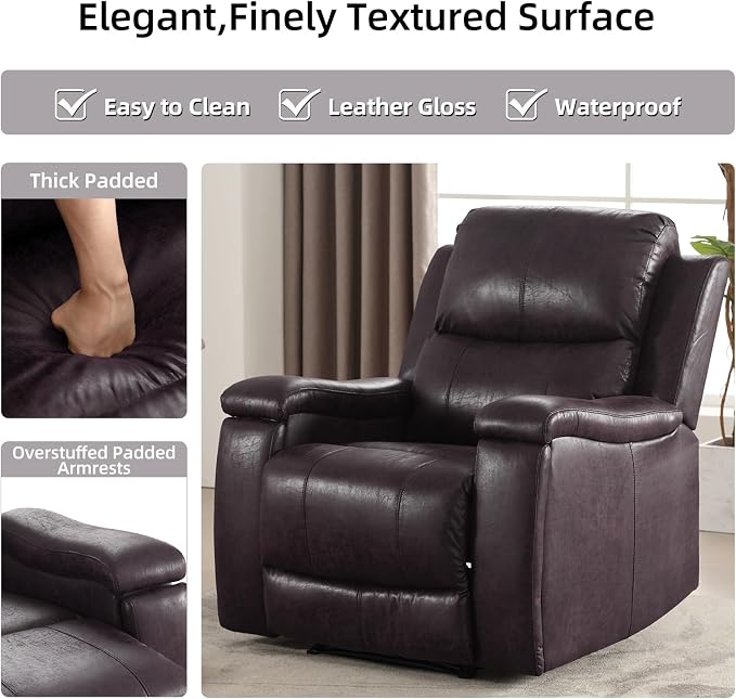 CANMOV Manual Recliner Chair Set of 2, Classic Faux Leather Recliner Chair with Overstuffed Arms and Back, Manual Single Sofa with Concealed Cup Holders, Dark Brown