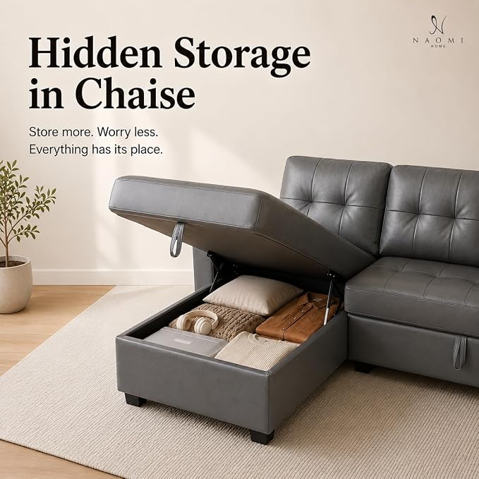 Naomi Home 84" L-Shaped Sectional Sleeper Sofa with Pull Out Bed | Sleeps Guests Comfortably, Stores Essentials in Chaise & Saves Space, Air Leather, Dark Gray Convertible Sofa Bed