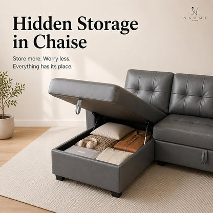 Naomi Home 84" L-Shaped Sectional Sleeper Sofa with Pull Out Bed | Sleeps Guests Comfortably, Stores Essentials in Chaise & Saves Space, Air Leather, Dark Gray Convertible Sofa Bed