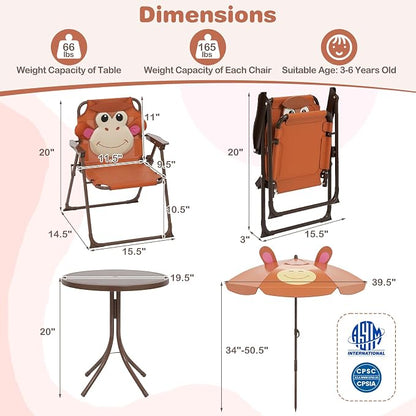 Costzon Kids Picnic Table, Kids Outdoor Table with 2 Folding Chairs, Height Adjustable Umbrella, Portable Children Outdoor Furniture for Patio, Garden, Backyard (Brown)