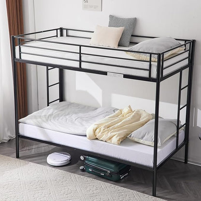 Karl home Bunk Bed Twin Over Twin Metal Bunk Bed with Trundle, 3-in-1 Triple Bunk Beds for Kids Teens & Adults, Safety Guard Rails, 2 Side Ladders, Black