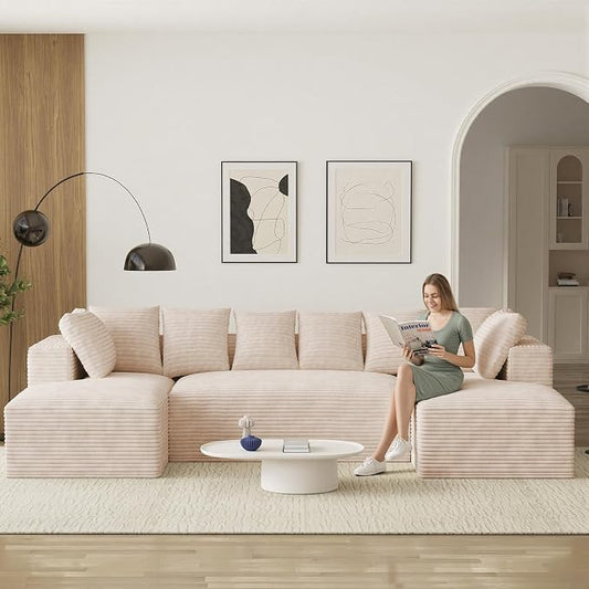 131" Oversized U Shaped Cloud Sectional Couches for Living Room, Comfy Fluffy Corduroy Beige Boneless Sectionals Couch, Plush Memory Foam Modular Sectional Sofa with Chaise- 19" Seat Height