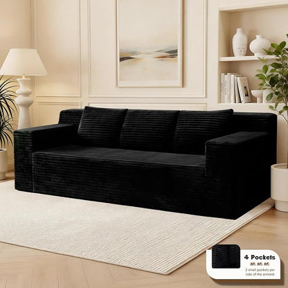Kurhwyss 71" Corduroy Living Room Sofa, 3 Setaser Deep Seat Couch with 3 Lumbar Pillows, Comfy Boneless Sofa Modern Compressed Couch for Bedroom, Office, Apartment, No Assembly, Flat Armrests (Black)