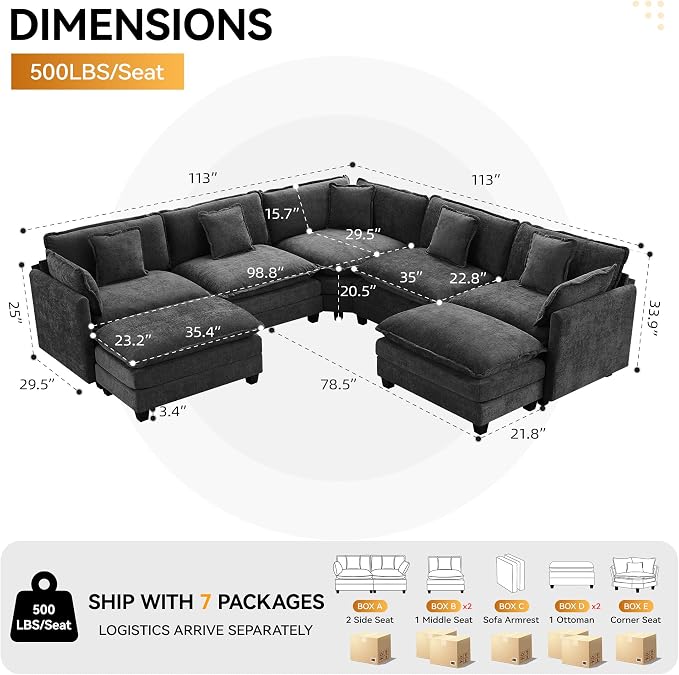 113'' V Shaped Cloud Sectional Sofa, Oversized Deep Seat Couches for Living Room, Chenille Comfy Upholstered Modular Sectional Sofa Couch with 2 Movable Ottoman, Dark Grey