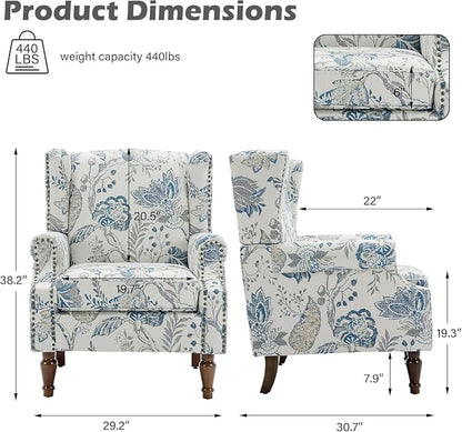High Back Accent Chair, Fabric Upholstered Armchair Floral Wingback Chair for Living Room, Comfy Single Sofa Bedroom Reading Seat with Solid Wood Legs - Plants Blue