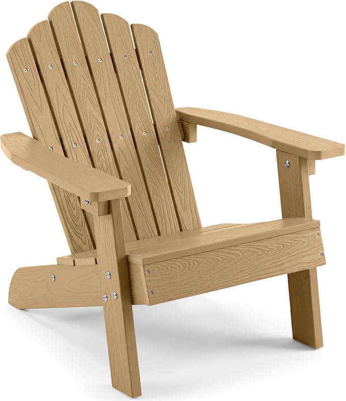 Costzon Kids Adirondack Chair, All-Weather HIPS Toddler Outdoor Chair, Wooden Textured Plastic Fire Pit Chair, Kids Patio Chair for Backyard Lawn Garden, Fits Children Age 3-7 Years (1, Teak)