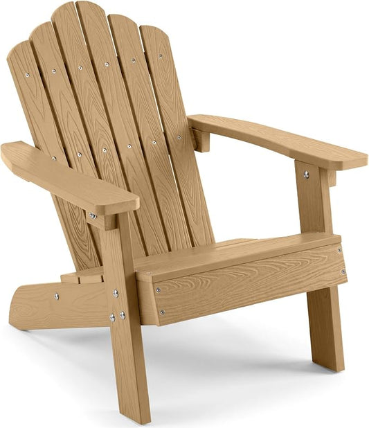 Costzon Kids Adirondack Chair, All-Weather HIPS Toddler Outdoor Chair, Wooden Textured Plastic Fire Pit Chair, Kids Patio Chair for Backyard Lawn Garden, Fits Children Age 3-7 Years (1, Teak)