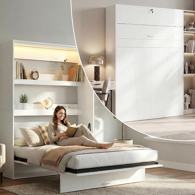 CECER Queen Vertical Murphy Wall Bed，Space Saving for Offices/Guest-White | Durable Gas-Lift for smooth folding，16 Color Controllable LED Lights，Sturdy frame ＆ Easy Assemble，High Gloss Panel