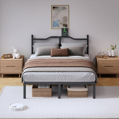 SHOANED Bed Frame with Charging Station - 14 Inch Queen Size Heavy Duty Metal Bedframe with Headboard Black Basic Steel Slats Platform No Box Spring Needed