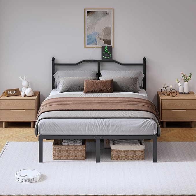 SHOANED Metal Bed Frame with Charging Station - 14 Inch King Size Heavy Duty Bedframe with Headboard Black Basic Steel Slats Platform No Box Spring Needed/Noise Free