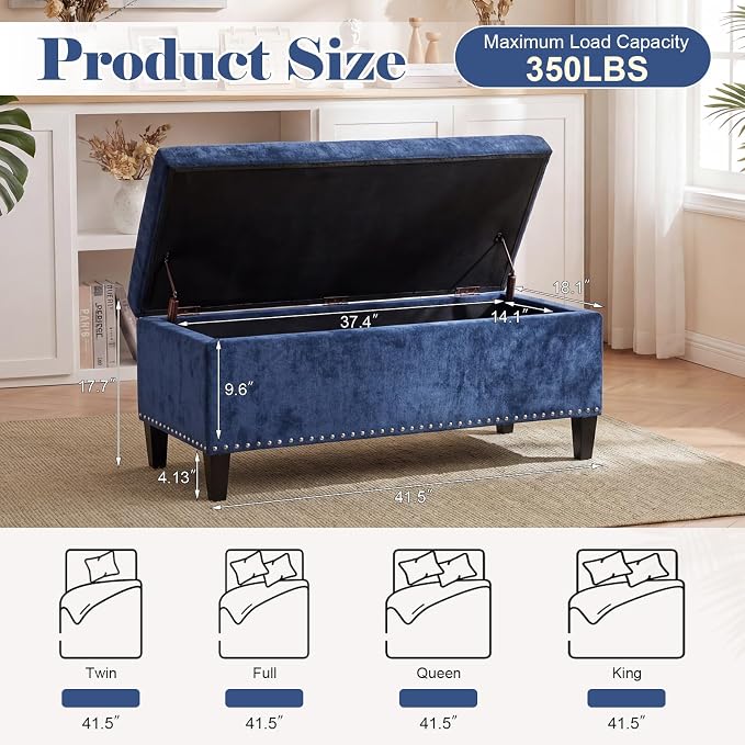 Asense 41" Storage Ottoman Bench, Faux Leather Tufted Upholstered End of Bed Bench with Safety Hinge for Bedroom,Entryway,Living Room,Drak Blue