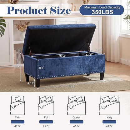 Asense 41" Storage Ottoman Bench, Faux Leather Tufted Upholstered End of Bed Bench with Safety Hinge for Bedroom,Entryway,Living Room,Drak Blue