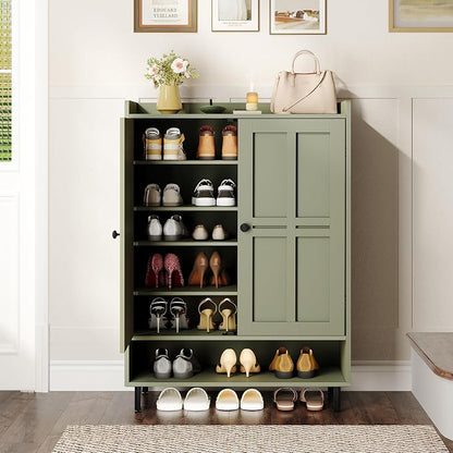 ONBRILL Shoe Cabinet with Cross Molding Doors, 6-Tier Shoe Storage Cabinet with 3 Adjustable Shelves and Metal Legs, 45'' Tall Shoes Rack Organizer Cabinet for Entryway, Front Door, Green
