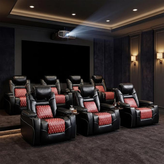 ANJ Power Recliner Chair Set of 7,Home Theater Seating with Adjustable Headrest,Cup Holders,USB Port,Hidden Arm Storage(Black)
