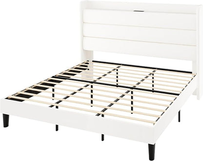 Allewie King Size Upholstered Bed Frame with Charging Station & Storage Headboard, Soft Velvet Wingback Platform Bed, Strong Wooden Slats Support, No Box Spring Needed, Easy Assembly, White