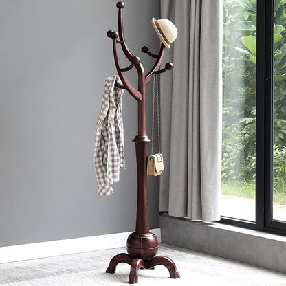 Bekrvio Freestanding Wood Coat Rack with Stable Sphere Base, Wine Red | 8 Hooks Tree Branch Design, Heavy Duty Standing Coat Hanger for Entryway, Hallway, Bedroom, Foyer; Hangs Coats, Hats, Bags