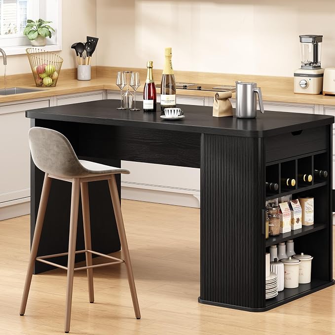 ONBRILL 61 Inch Kitchen Island with Storage, Fluted Counter Height Table, Mid-Century Modern Kitchen Island Table with Sliding Door, Home Bar Tables with Wine Rack and Drawers (Black)