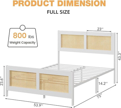 GarveeHome Full Size Bed Frame with Headboard, Boho Rattan Bed Frame with Strong Metal Slat, Noise Free, No Box Spring Needed, White and Natural