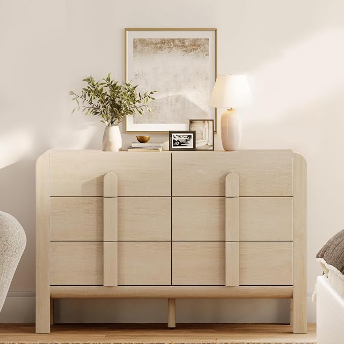 WAMPAT Beige Dresser for Bedroom, 47.2" W 6 Drawers Mid Century Modern Chest of Drawers, Wooden Dressers TV Stand with Curved Profile Design, Storage Organizer for Bedroom, Closet, Hallway