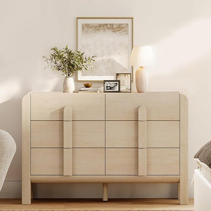 WAMPAT Beige Dresser for Bedroom, 47.2" W 6 Drawers Mid Century Modern Chest of Drawers, Wooden Dressers TV Stand with Curved Profile Design, Storage Organizer for Bedroom, Closet, Hallway