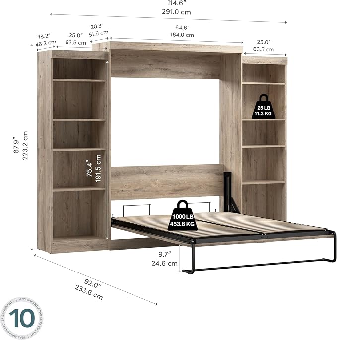 Bestar Pur Queen Murphy 2 Shelving Units, 115-inch Space-Saving Wall Bed with Storage, Rustic Brown
