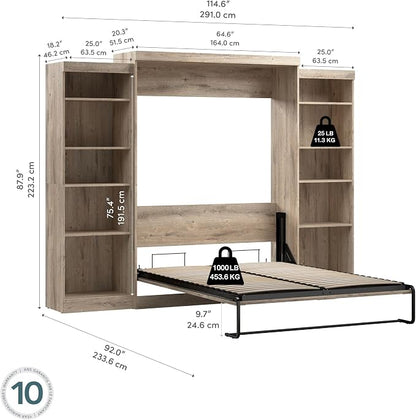 Bestar Pur Queen Murphy 2 Shelving Units, 115-inch Space-Saving Wall Bed with Storage, Rustic Brown