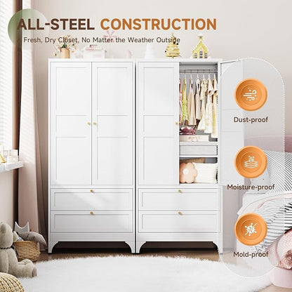 Letaya 71" Metal Wardrobe Cabinets with 2 Drawers,Steel Armoire Wardrobe Closet with Doors and Shelves,Clothing Storage Cabinets with Hanging Rod for Bedroom, Gym, Cloak Room,White