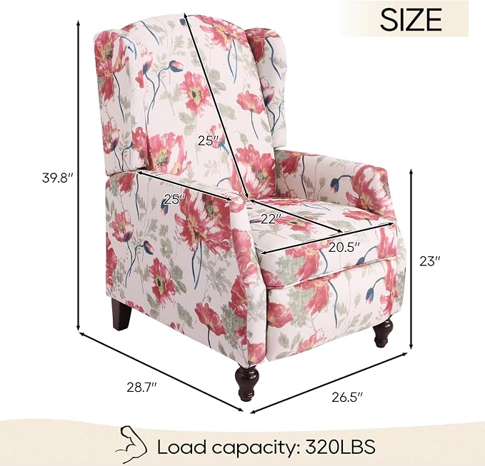 Upholstered Wingback Recliner Chair, Mid Century Modern Manual Push Back Recliner for Living Room, Bedroom (1, Red Floral)