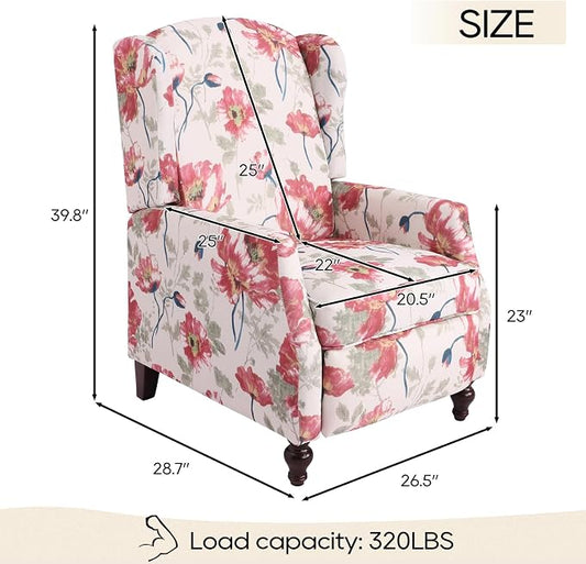 Upholstered Wingback Recliner Chair, Mid Century Modern Manual Push Back Recliner for Living Room, Bedroom (1, Red Floral)