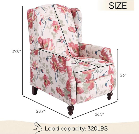 Upholstered Wingback Recliner Chair, Mid Century Modern Manual Push Back Recliner for Living Room, Bedroom (2, Red Floral)