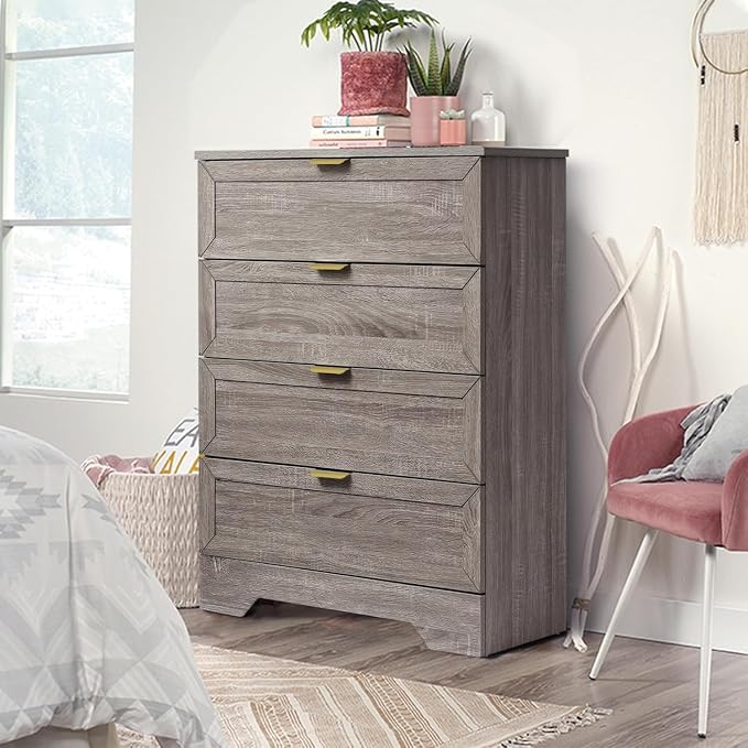 37-inch Tall Chest of Drawers, 4 Drawer Dresser for Bedroom, Grey Wood Dresser with Large Drawers, Modern Storage Cabinet for Closet, Living Room, Entryway, Wash Grey