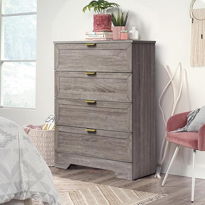 37-inch Tall Chest of Drawers, 4 Drawer Dresser for Bedroom, Grey Wood Dresser with Large Drawers, Modern Storage Cabinet for Closet, Living Room, Entryway, Wash Grey