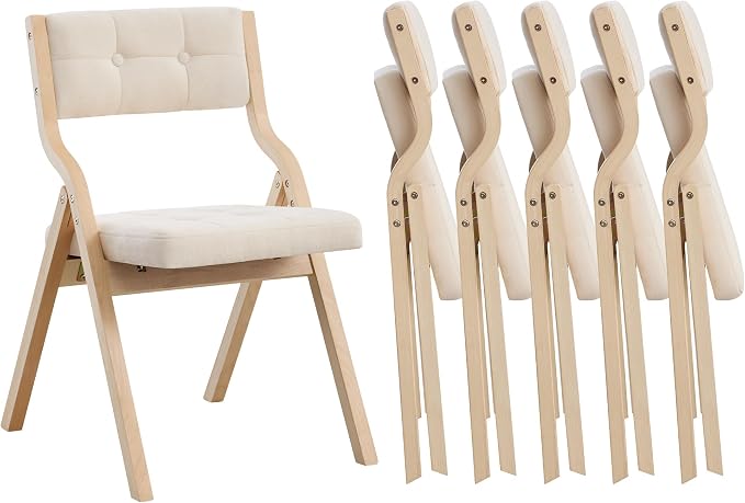 6-Pack Folding Dining Chairs with Cushion,Padded Foldable Dining Chairs,Portable Wooden Folding Chairs with Tufted Buttons Seat for Dining Rooms Kitchen Wedding and Party Indoor Beige