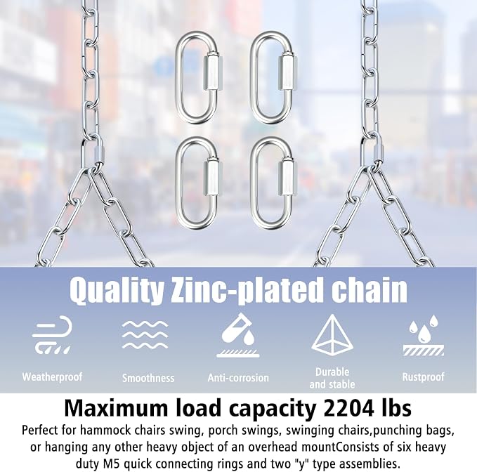 Heavy Duty Porch Swing Hanging Chain Kit (2 Pack) 1500 Lbs Capacity, up to 8 ft Length- Rustproof Zinc-Plated, 6 Quick Links & 2 Y-Chain Assemblies(Silver)