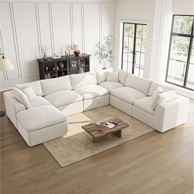Cloud Sectional Couches for Living Room | 7 Seater U-Shaped Boneless Couch with Ottoman | Ivory White Modular Sectionals Sofa Couch
