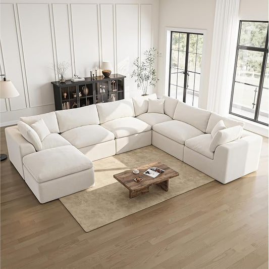 Cloud Sectional Couches for Living Room | 7 Seater U-Shaped Boneless Couch with Ottoman | Ivory White Modular Sectionals Sofa Couch