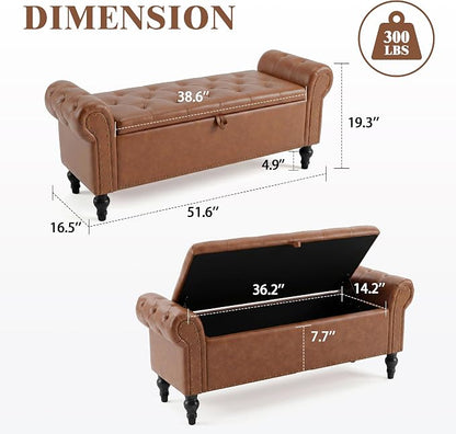 51" Storage Bench for Bedroom, Upholstered Ottoman Bench, Leather Brown | End of Bed Bench for Bedroom, Window Benches for Living Room, Entryway, Ottoman with Large Storage Space, Pet Friendly